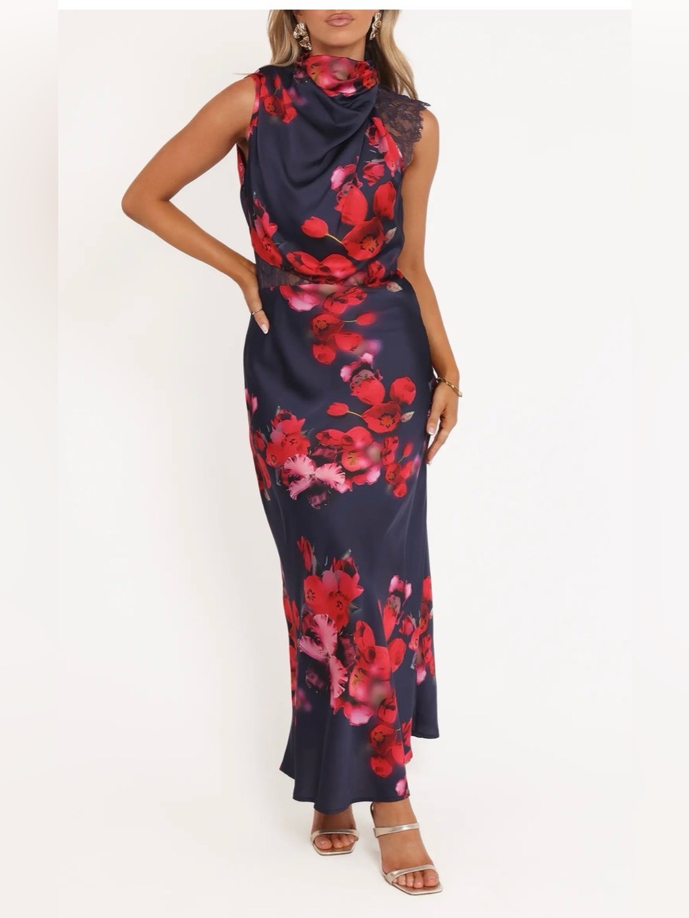 Petal & Pup Annabelle Floral Cowl Neck Satin Maxi Dress M